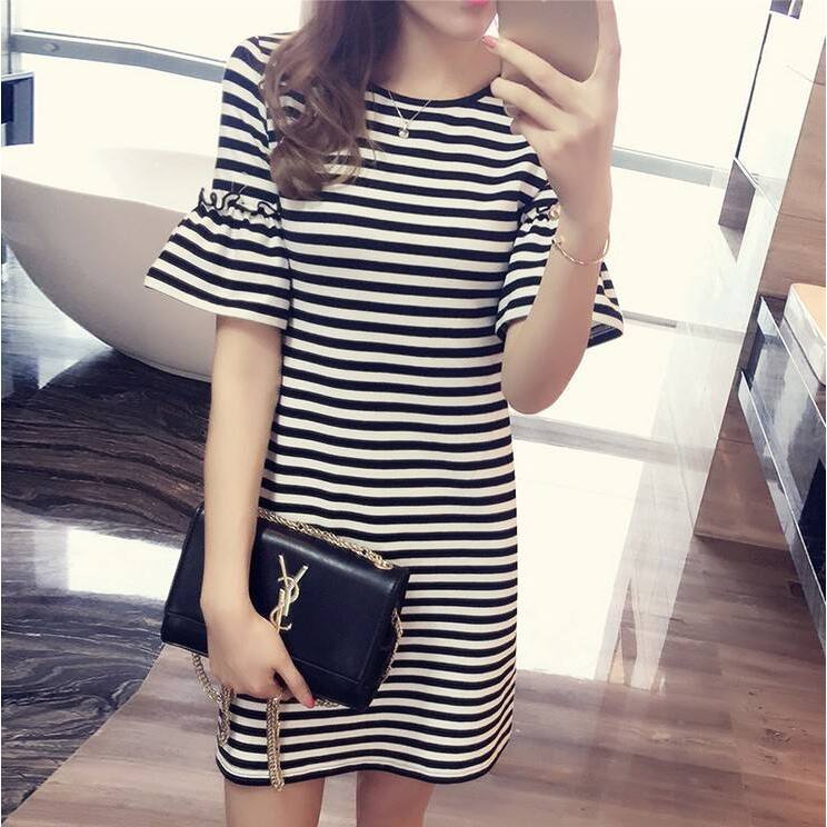 Korean Style A Line Shirt Dress - Summer Striped Dress Women's Midi Length
