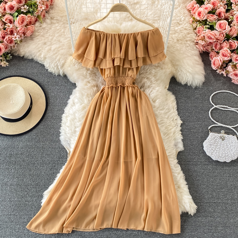Yellow Solid Women's Beach Dre - Off Shoulder Puff Sleeve Sundress 评论和价格