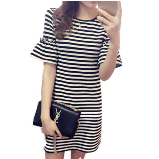 Summer Striped Dress Women's M - Korean Style A Line Shirt Dress 评论和价格
