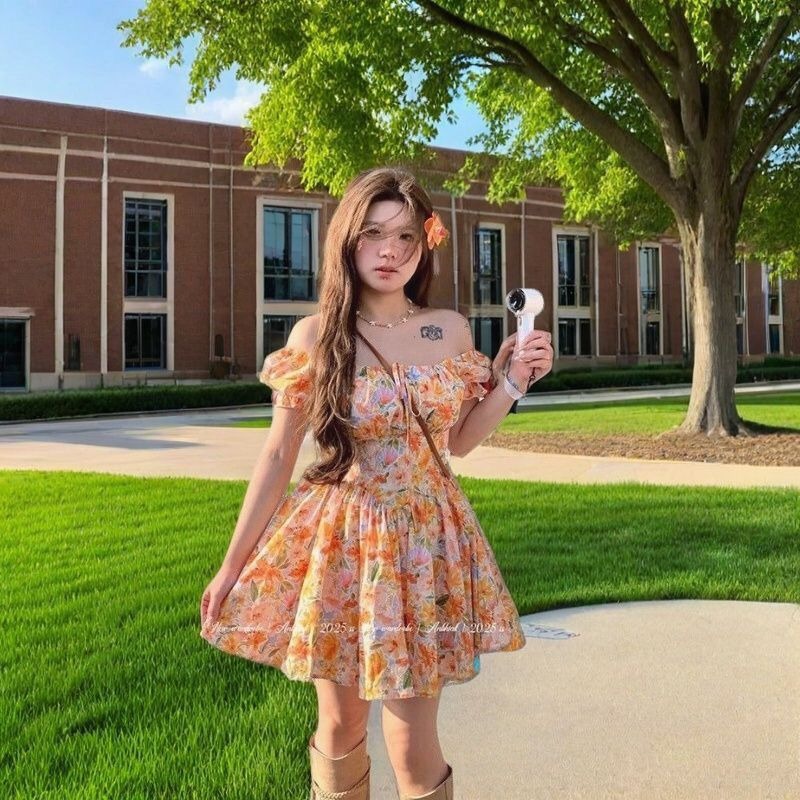 Womens Orange Floral Print Off - Off Shoulder Puff Sleeve Sundress 评论和价格