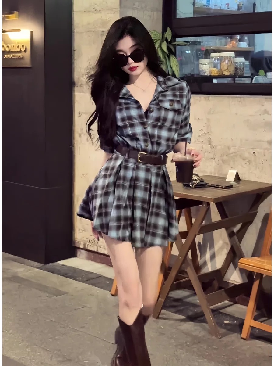 Korean Style Plaid Shirt Dress - Korean Style A Line Shirt Dress 评论和价格