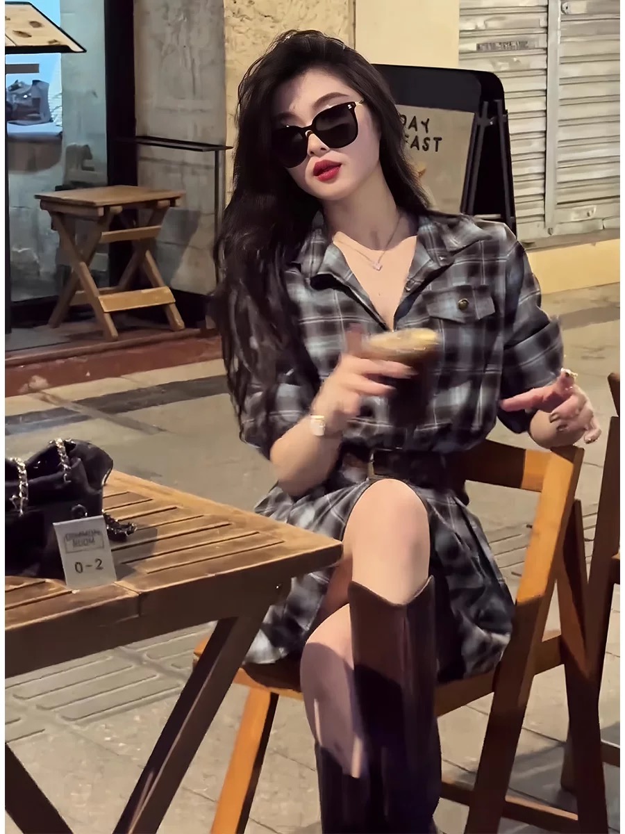 Korean Style Plaid Shirt Dress - Korean Style A Line Shirt Dress 评论和价格