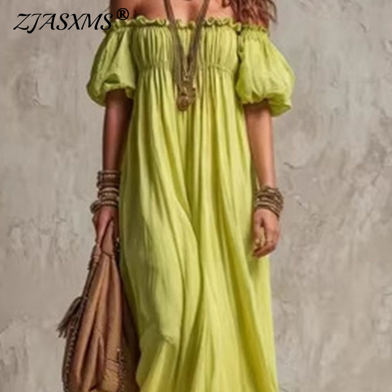 Women Elastic Waist Casual Vac - Off Shoulder Puff Sleeve Sundress 评论和价格