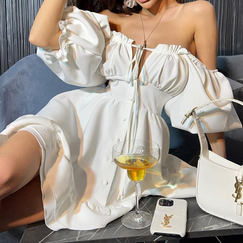 Women's Off Shoulder Mini Dres - Off Shoulder Puff Sleeve Sundress 评论和价格