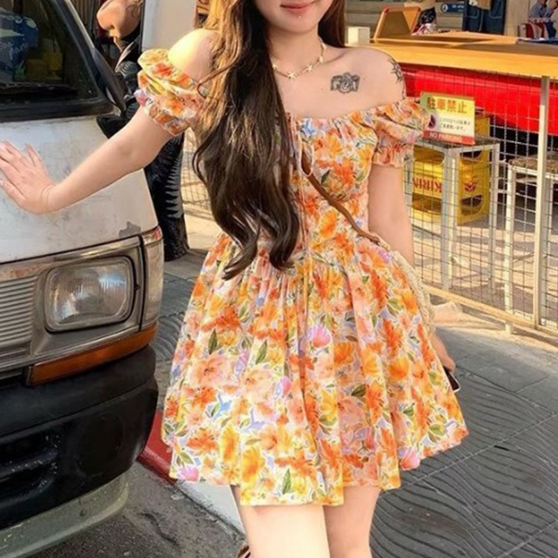 Hotsale Orange Floral Print Of - Off Shoulder Puff Sleeve Sundress 评论和价格