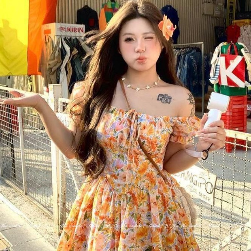 Hotsale Orange Floral Print Of - Off Shoulder Puff Sleeve Sundress 评论和价格